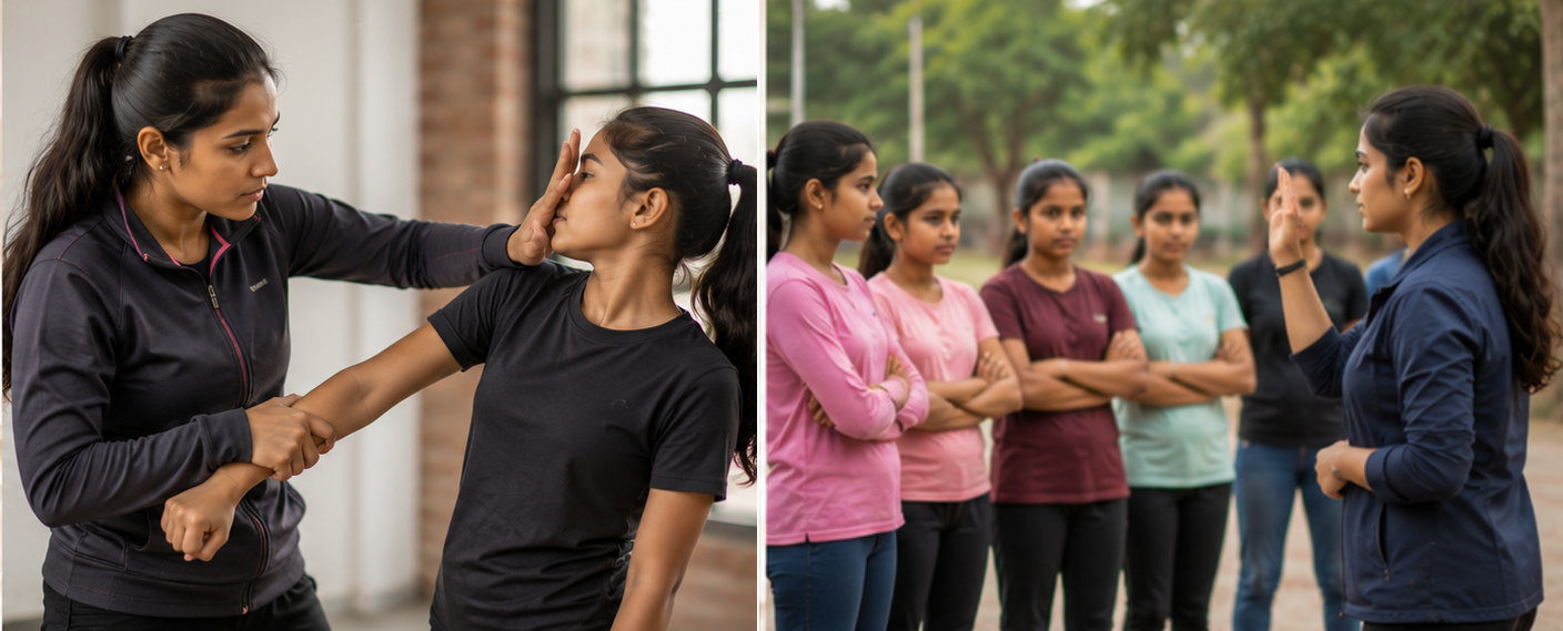 Girls and young women learning safety skills at an NGO workshop in India